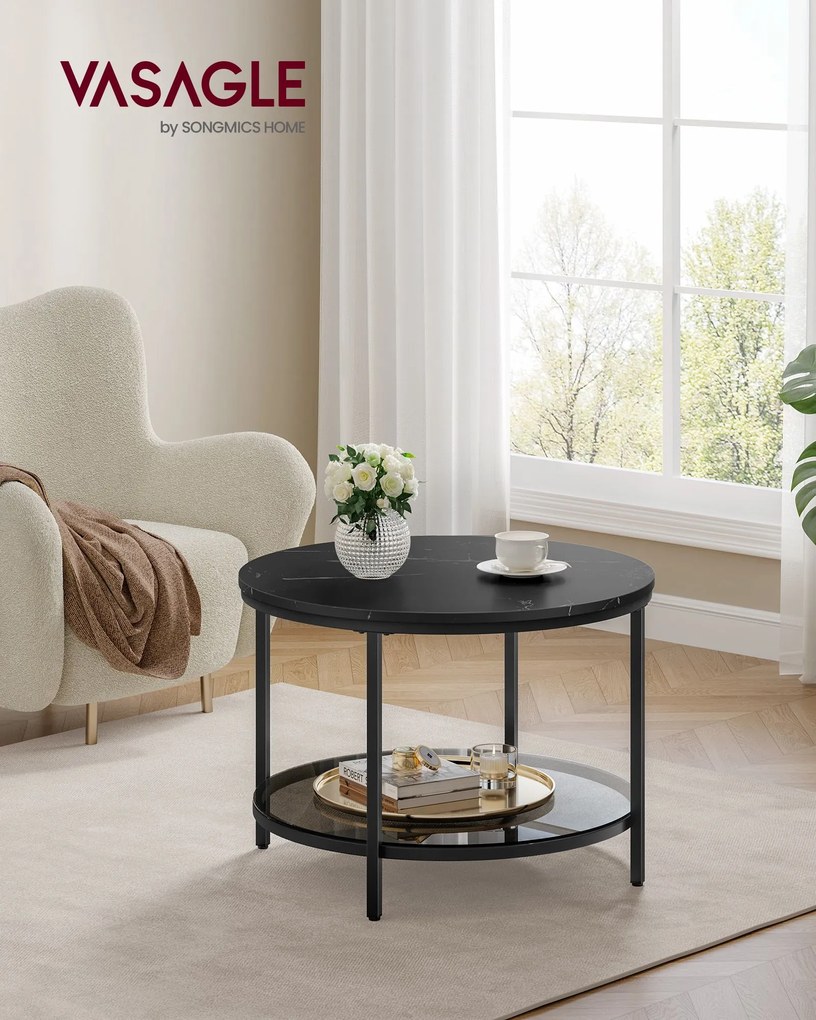 Mesa de centro 65 x 46 cm (Ø x A) de 2 níveis com tampo em efeito mármore-Preto