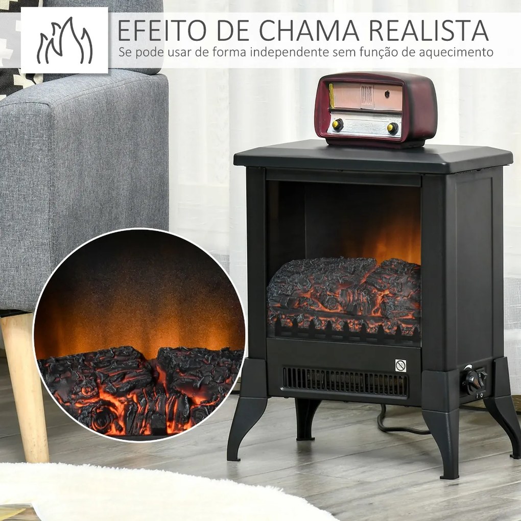 Lareira Elétrica Portátil 1800-2000W Simulação de Chama Termostato Ajustável e Proteção de Superaquecimento para Salas de até 30m² 37x22,8x45,8cm Pret