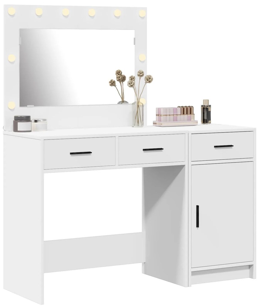 Conjunto de Mesa de Maquiagem de 2 Peças com LED em Madeira Branca