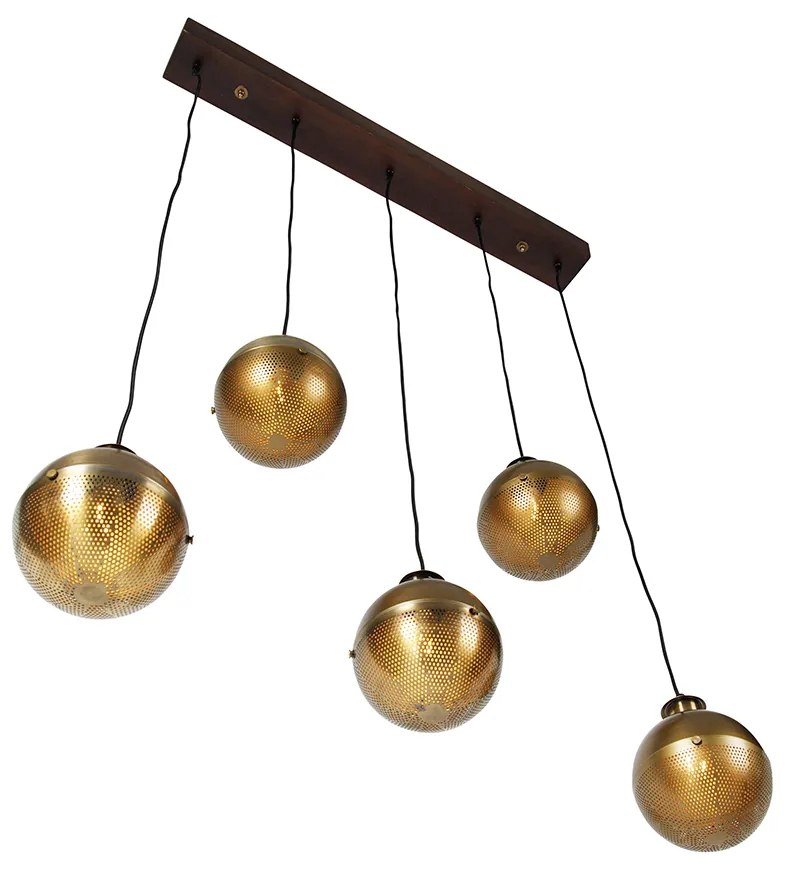 Candeeiro suspenso industrial bronze com madeira 5 luzes - Haicha Industrial