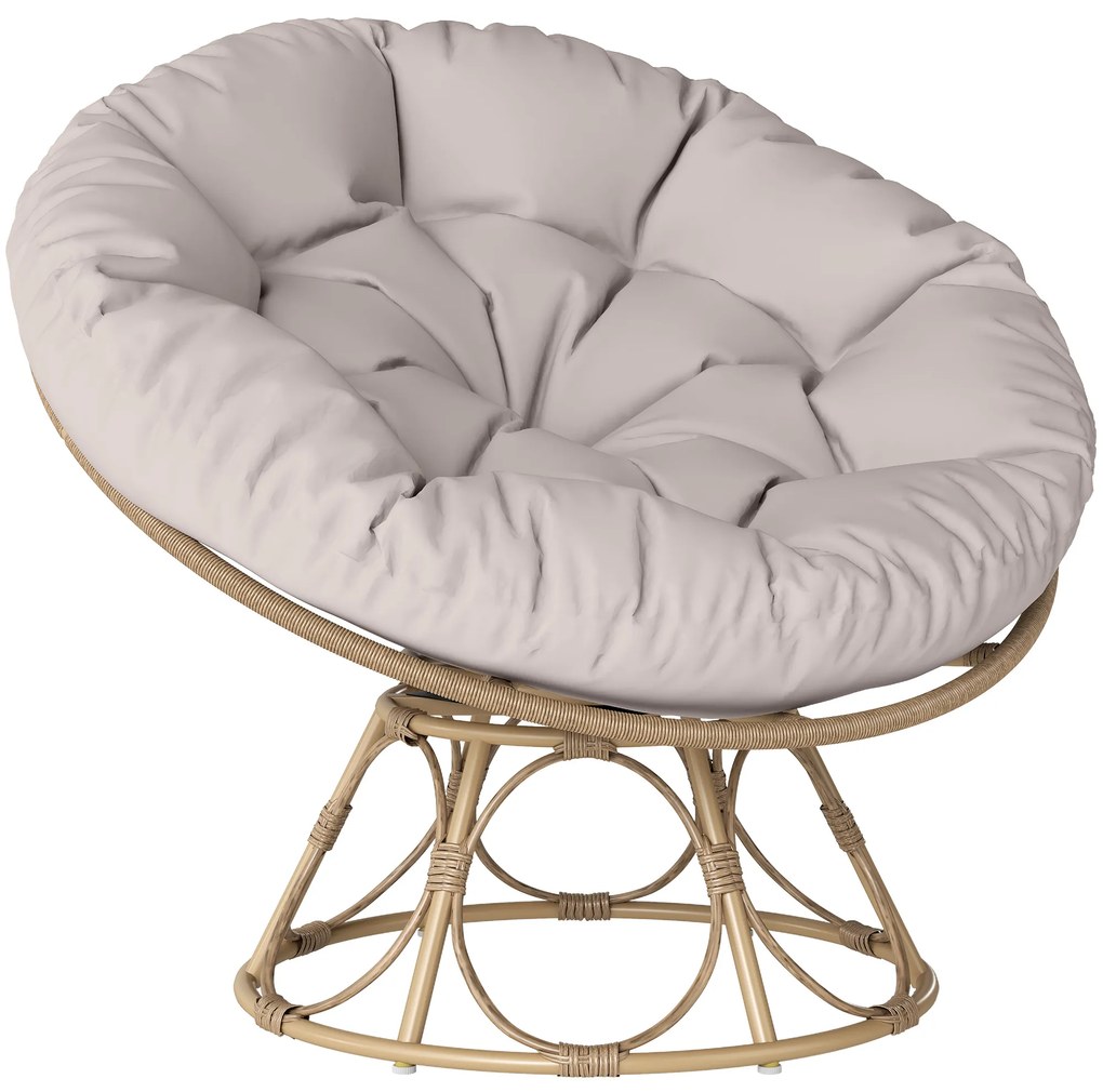 Outsunny Cadeira Papasan em Resina Efeito Vime Giratória a 360° com Almofada Acolchoada Ø 100 cm Cinza Claro | Aosom Portugal