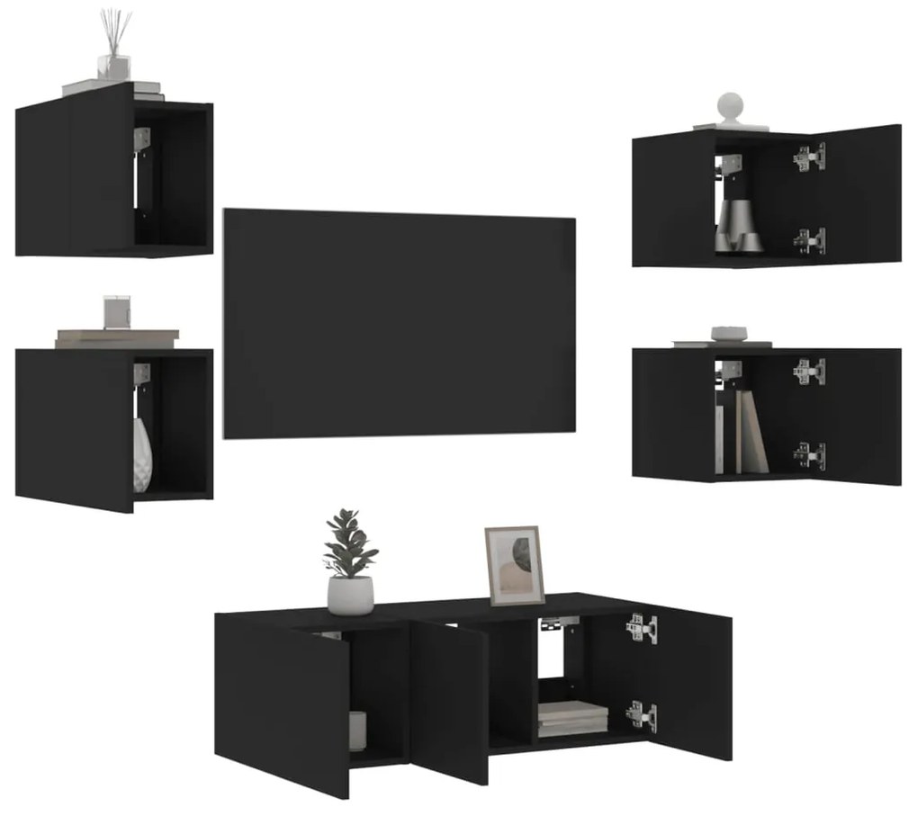 vidaXL 6 pcs móveis de parede p/ TV c/ LEDs derivados de madeira preto