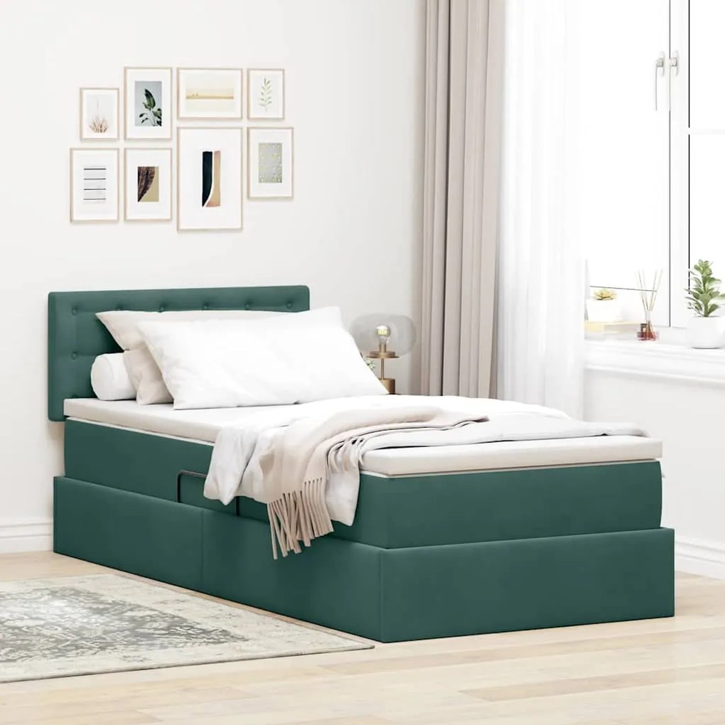 vidaXL Cama com arrumação e LED Verde Escuro 90 x 190 cm Veludo