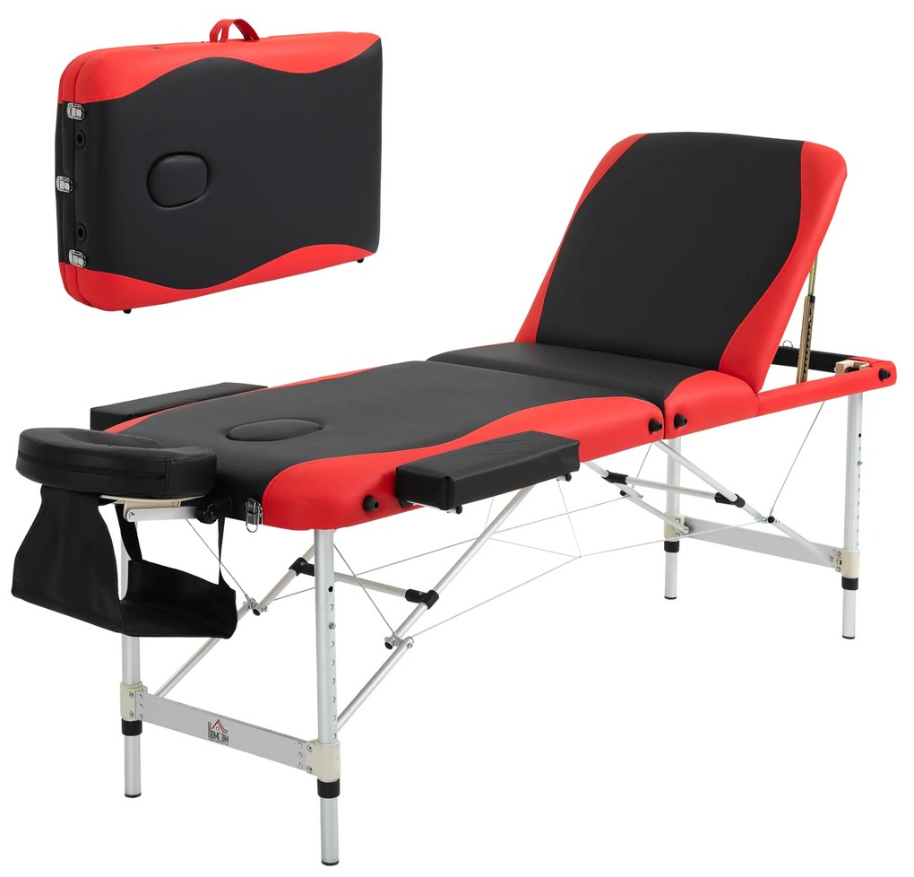 Cama de massagem dobrável e portátil 215x60x61-84cm ajustável em altura com apoio de cabeça e braço para fisioterapia Preto e vermelho