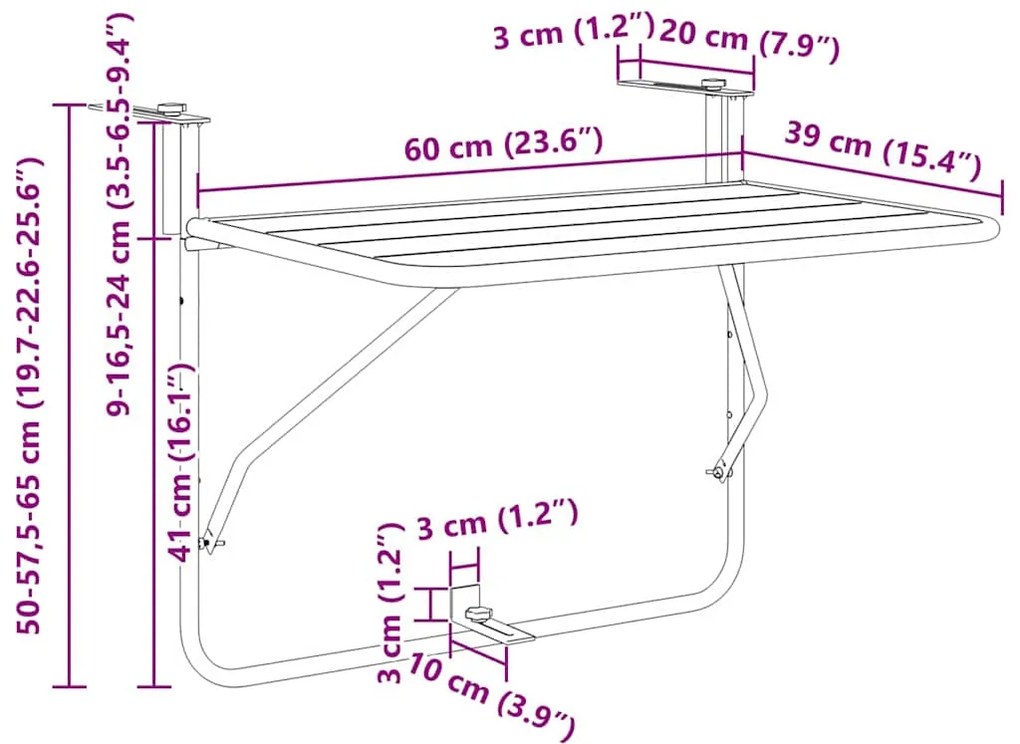 Mesa de Balcão Suspensa vidaXL Dobrável Vermelha 60x40 cm Aço