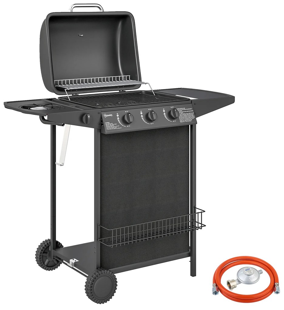 Outsunny Barbecue Gás 3+1 Queimadores 9,5 kW Termómetro Grelha Fácil Limpeza Recolhedor Gordura 2 Rodas 108x54x97 cm Preto | Aosom Portugal