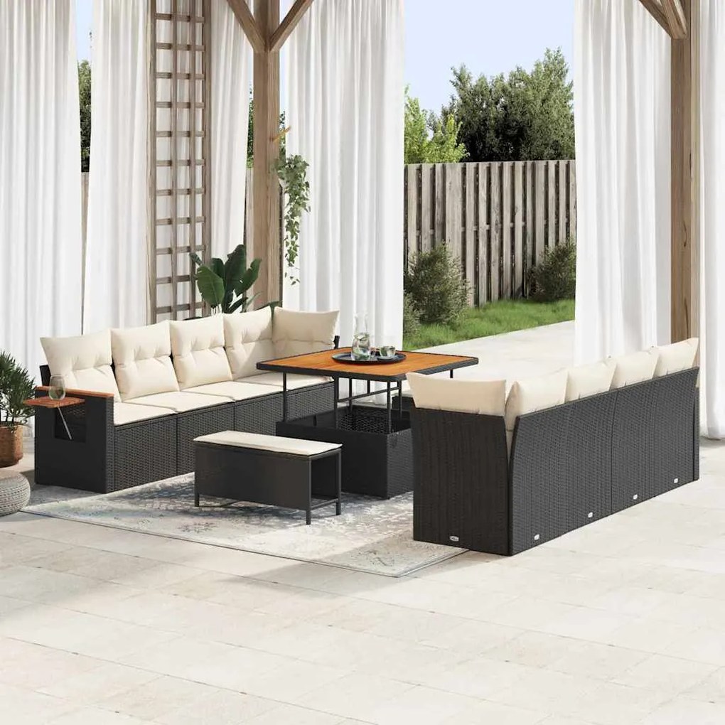 vidaXL Conjunto de Sofá de Jardim com 11 Peças da , Almofadas em Poliéster Preto Rattan Acácia.