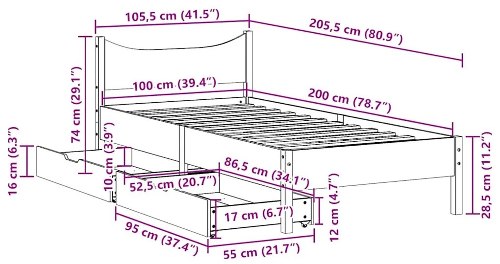Estrutura de cama c/ gavetas 100x200 cm pinho maciço branco