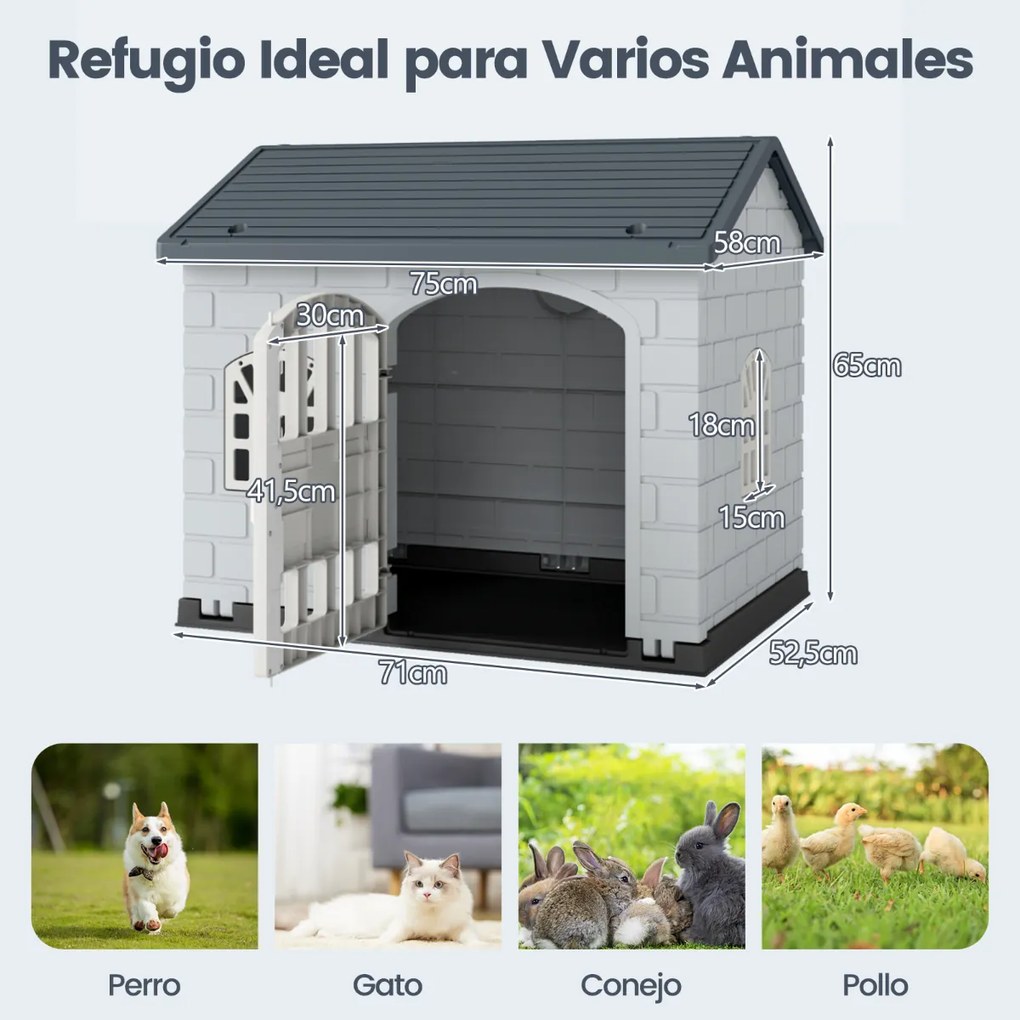 Casota de plástico para cães com 3 janelas e porta com fechadura, telhado inclinado, para interior e exterior, 75 x 58 x 65 cm, Cinzento