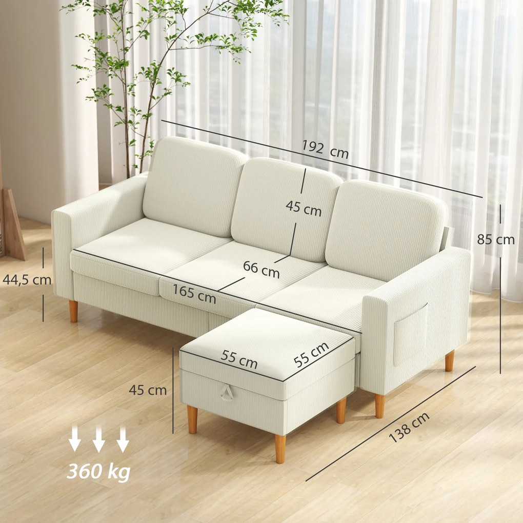 Sofá de 3 lugares 192 x 138 x 85 cm com apoio para os pés, sofá em veludo canelado, assento e encosto almofadados, bege
