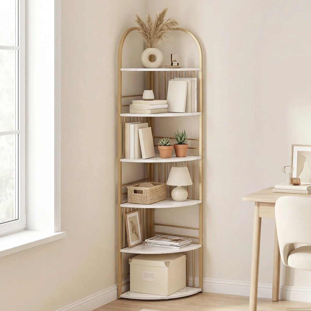 Estante de canto com 6 prateleiras, 42 x 42 x 181,5 cm, Estrutura metálica para plantas, exposição vertical para sala, quarto ou escritório, Branco e