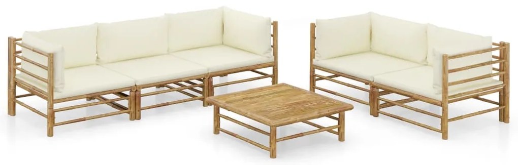 6 pcs conj. lounge p/ jardim em bambu c/ almofadões branco nata