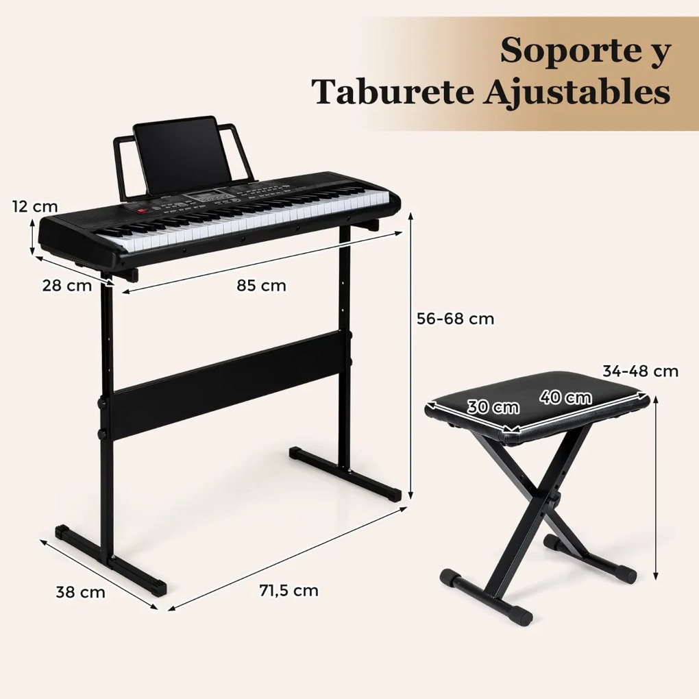Teclado eletrónico de 61 teclas para principiantes com suporte e banco ajustáveis 200 ritmos e tons 70 demos para todas as idades Preto