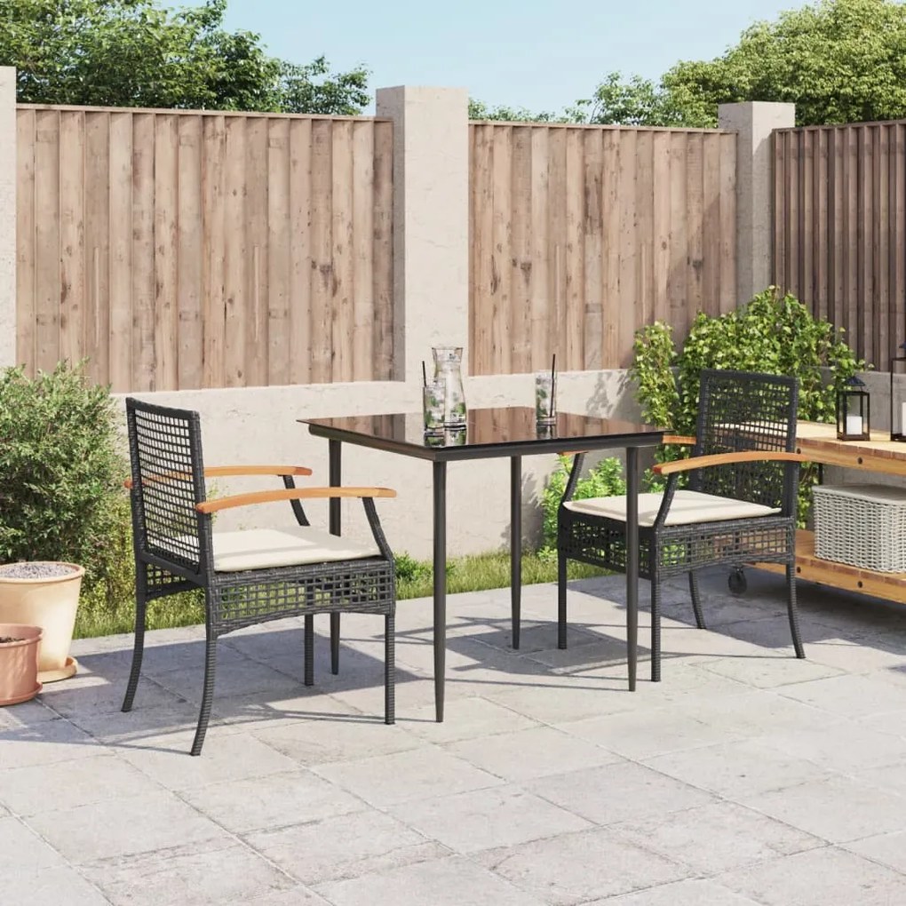 vidaXL 3 pcs conjunto de jantar p/ jardim c/ almofadões vime PE preto