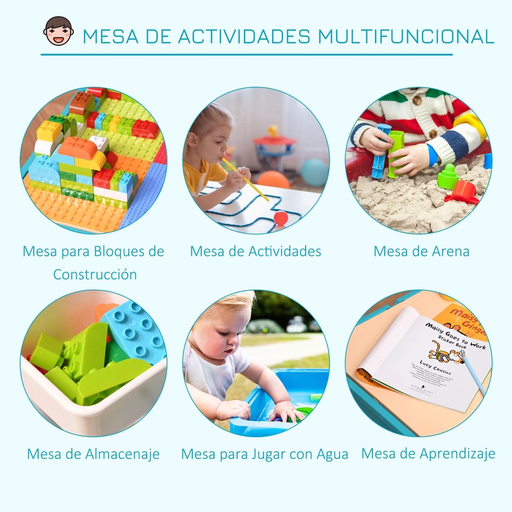HOMCOM Conjunto de mesa e 2 cadeiras para crianças com 135 blocos de construção Mesa em ambos os lados Útil para desenhar e jantar com grande armazenamento 69x69x47 cm Multicolor