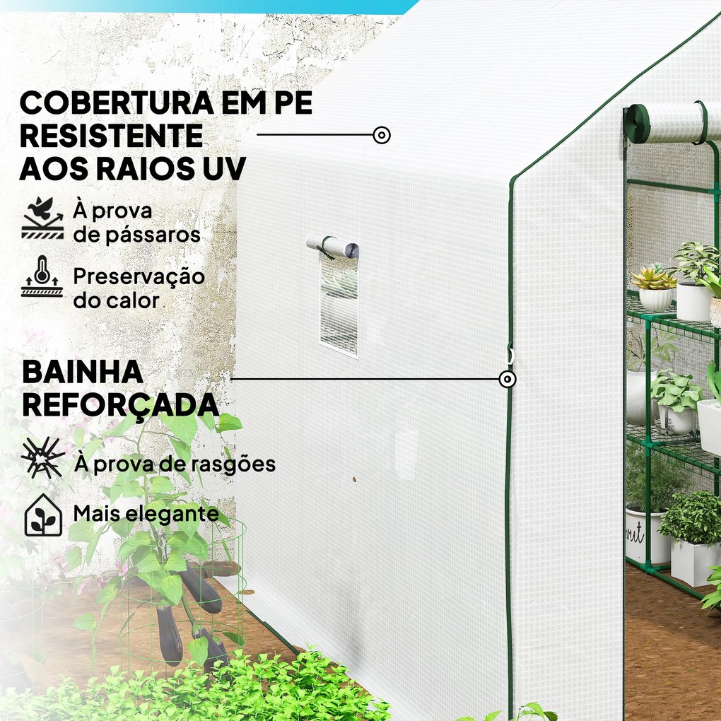 Estufa de Jardim de 3 Níveis com 12 Prateleiras Porta Enrolável Janelas Anti-UV Cobertura de PE  140x213x190 cm Branco