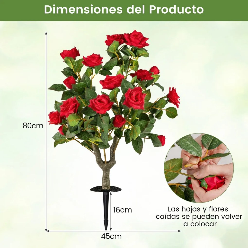 Plantas artificiais decorativas de 80 cm (VASOS NÃO INCLUIDOS), 2 ramos de rosas de seda com suportes, 186 folhas e 18 flores, para interior e exterio