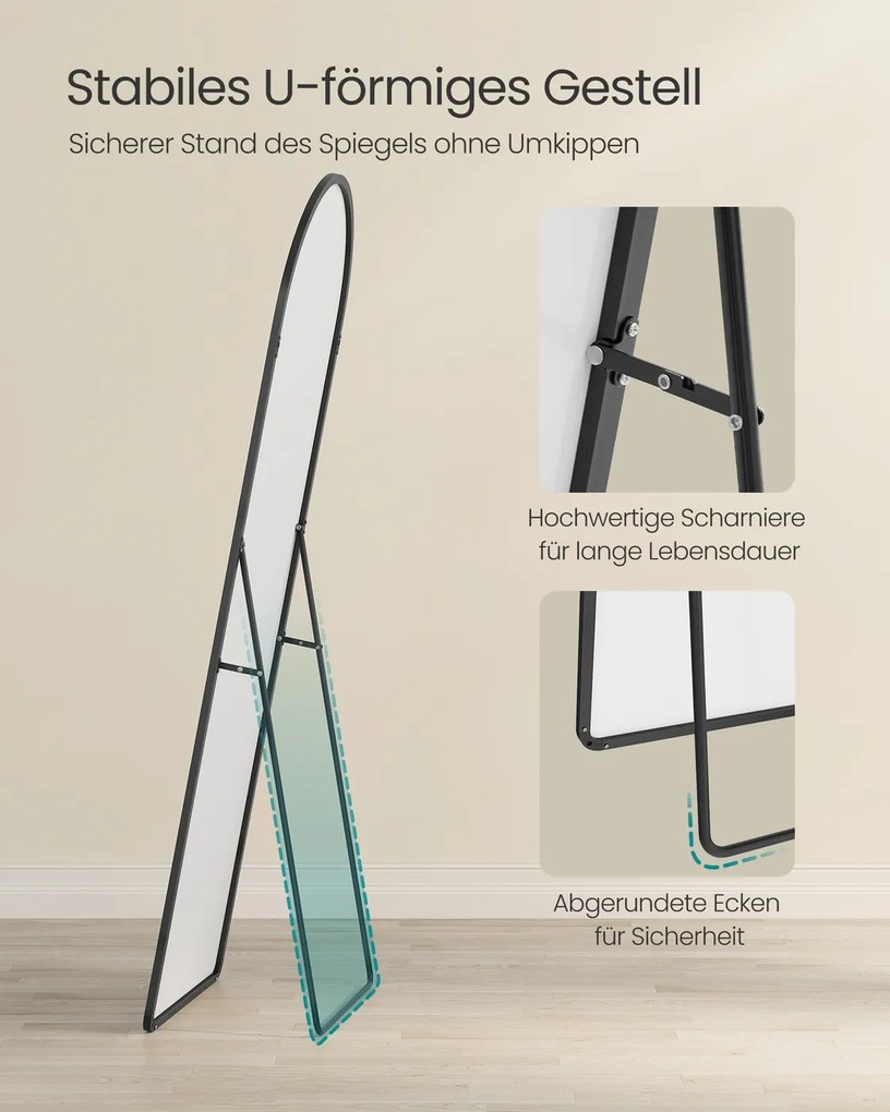 Espelho pé de corpo inteiro de 160 x 50 cm com moldura arqueada em vidro temperado preto