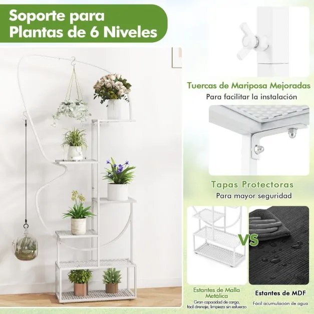 Suporte para plantas de metal com 6 níveis, 12 prateleiras de malha metálica e 4 ganchos branca