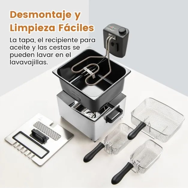 Fritadeira elétrica de 2000 W com 3 cestos Temperatura ajustável e tampa com janela de visualização uso doméstico Prata e preto