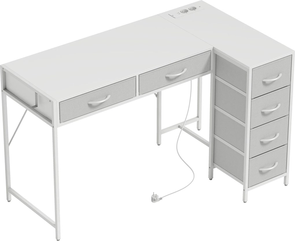 HOMCOM Secretária de Canto Reversível com 6 Gavetas 126x48 cm com Tomada de Energia Porta USB e USB-C Branco | Aosom Portugal