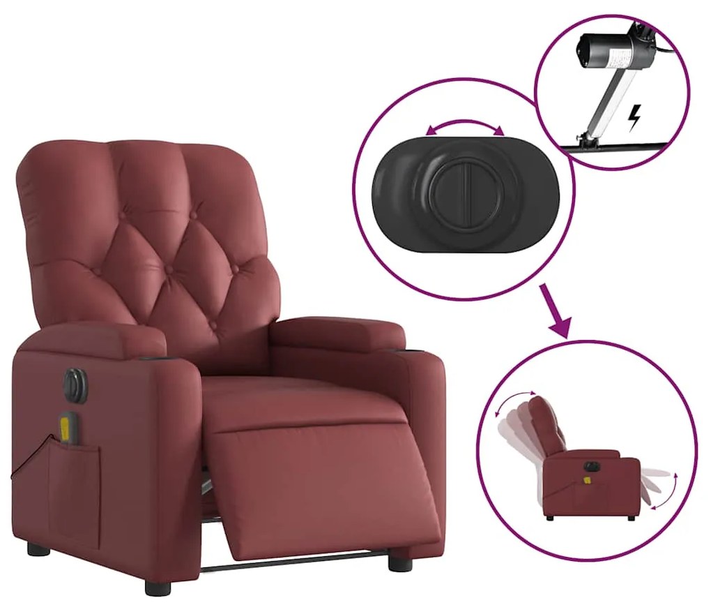 Poltrona massagens reclin. elétrica couro artif. vermelho-tinto