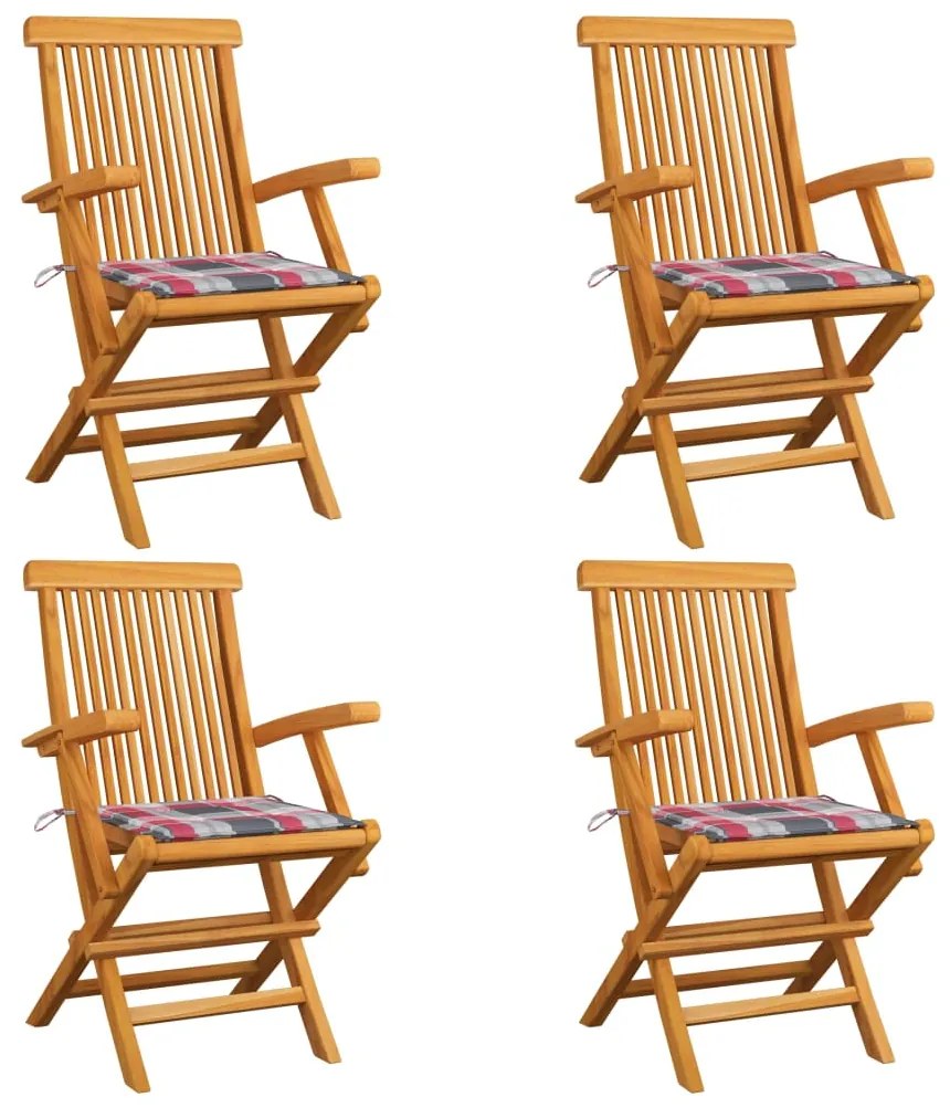 Cadeiras de jardim c/ almofadões xadrez vermelho 4 pcs teca