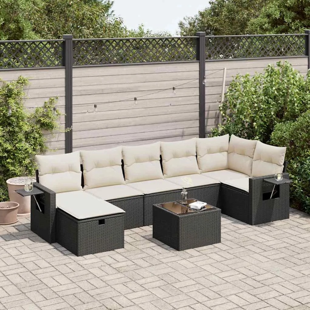 8 pcs conjunto sofás de jardim com almofadões vime PE preto