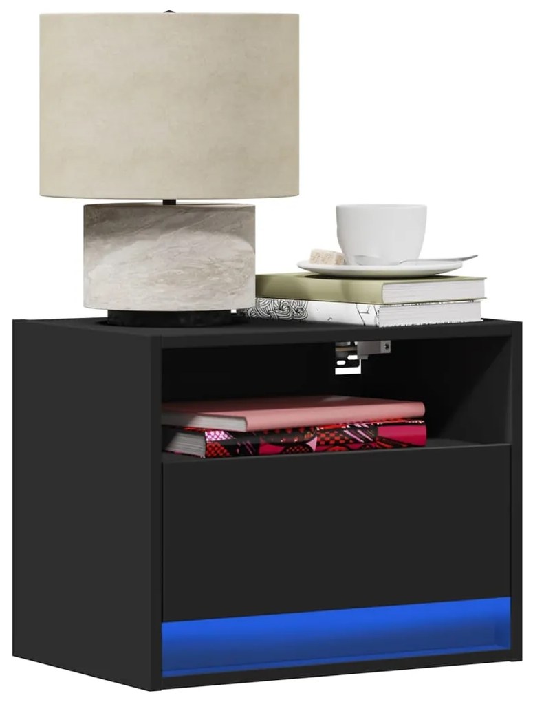 vidaXL Mesa de cabeceira de parede com luzes LED preto