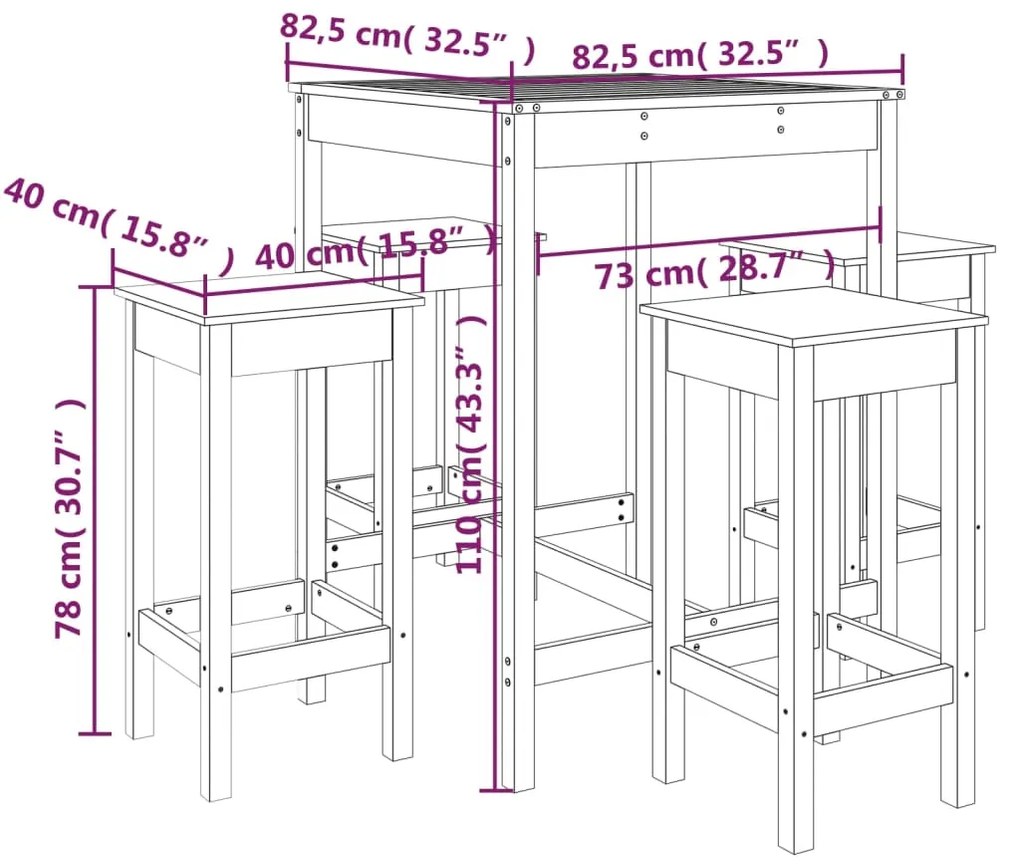 5 pcs conjunto de bar para jardim pinho maciço preto