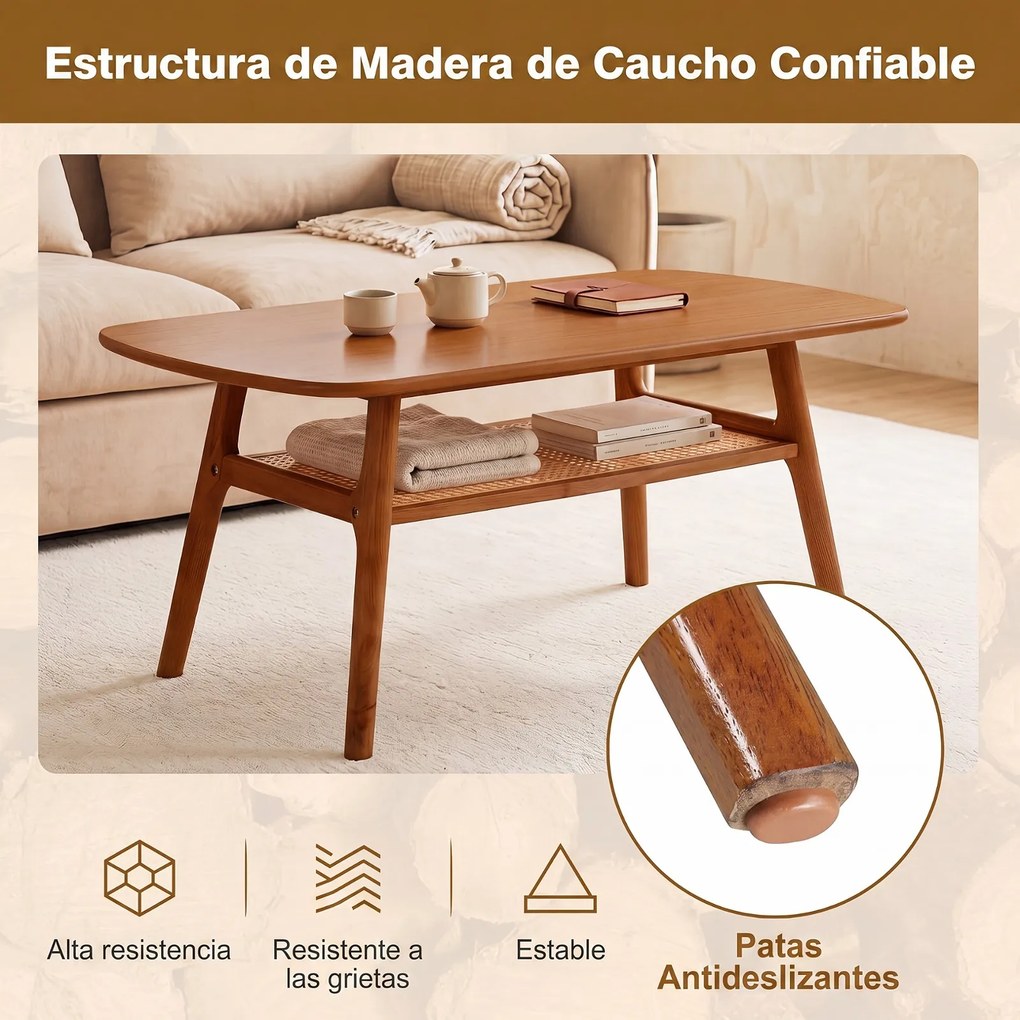Mesa de Centro Retangular, 100 x 53,5 x 45,5 cm, Prateleira de Rotim PE, Castanho