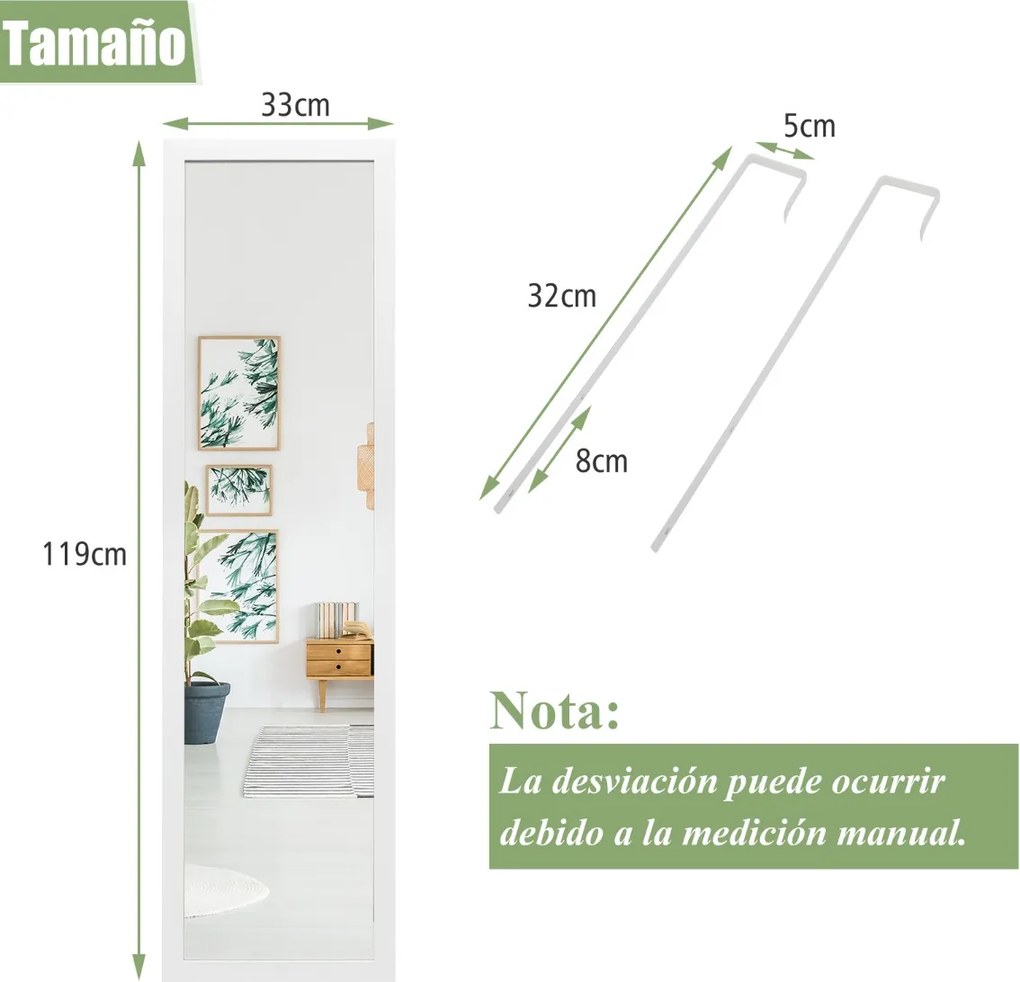 Espelho de parede de corpo inteiro com ganchos para porta Espelho 33 x 119 cm Branco