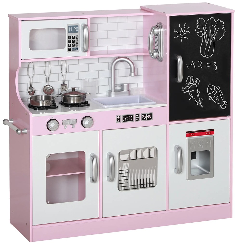 Cozinha de Brincar para Crianças acima de 3 anos Cozinha Infantil de Madeira com Acessórios Máquina de Gelo Ardósia e Telefone 83,8x26,8x81 cm Rosa