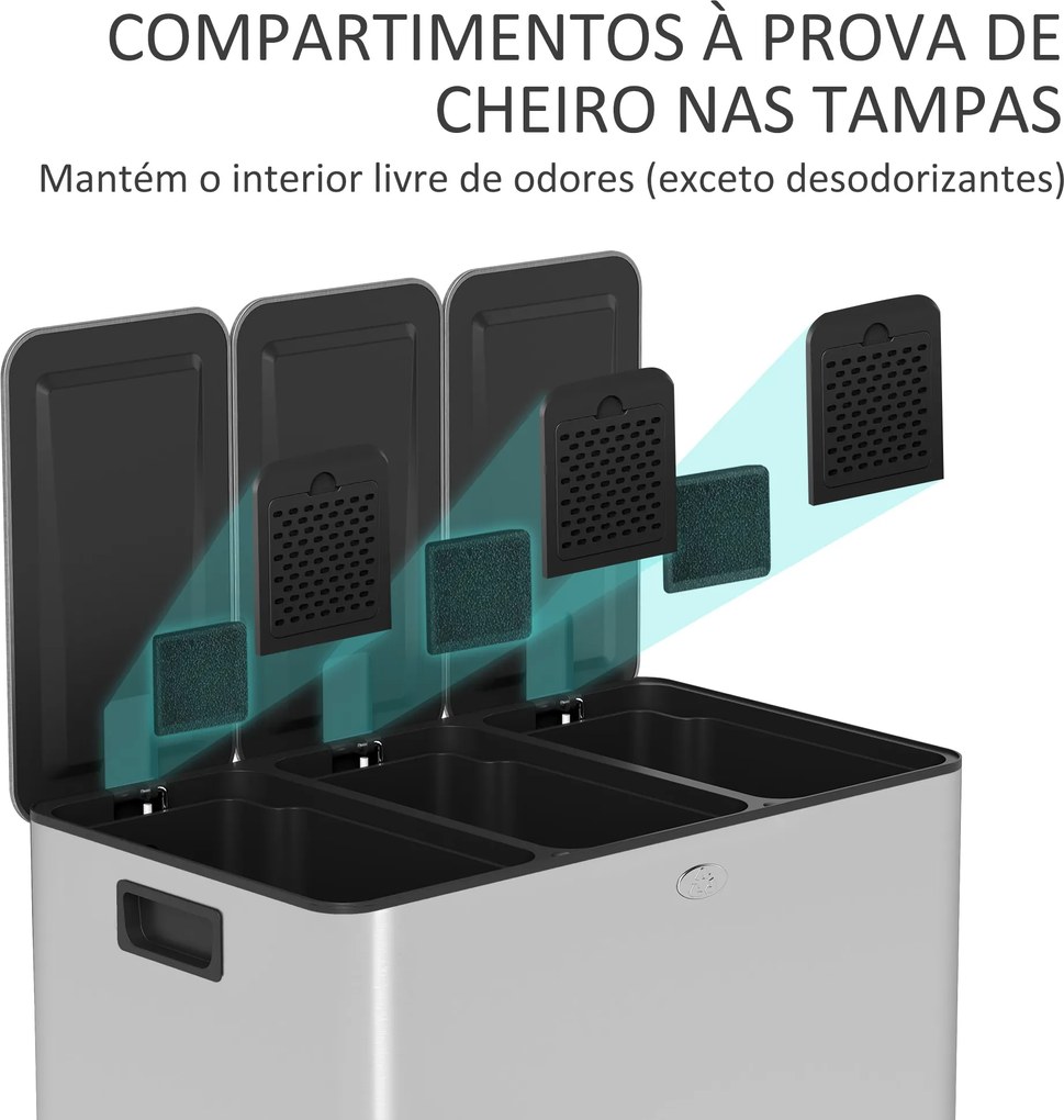 Balde de Lixo de Cozinha com 3 Compartimentos 3x10L Cubo de Lixo de Aç