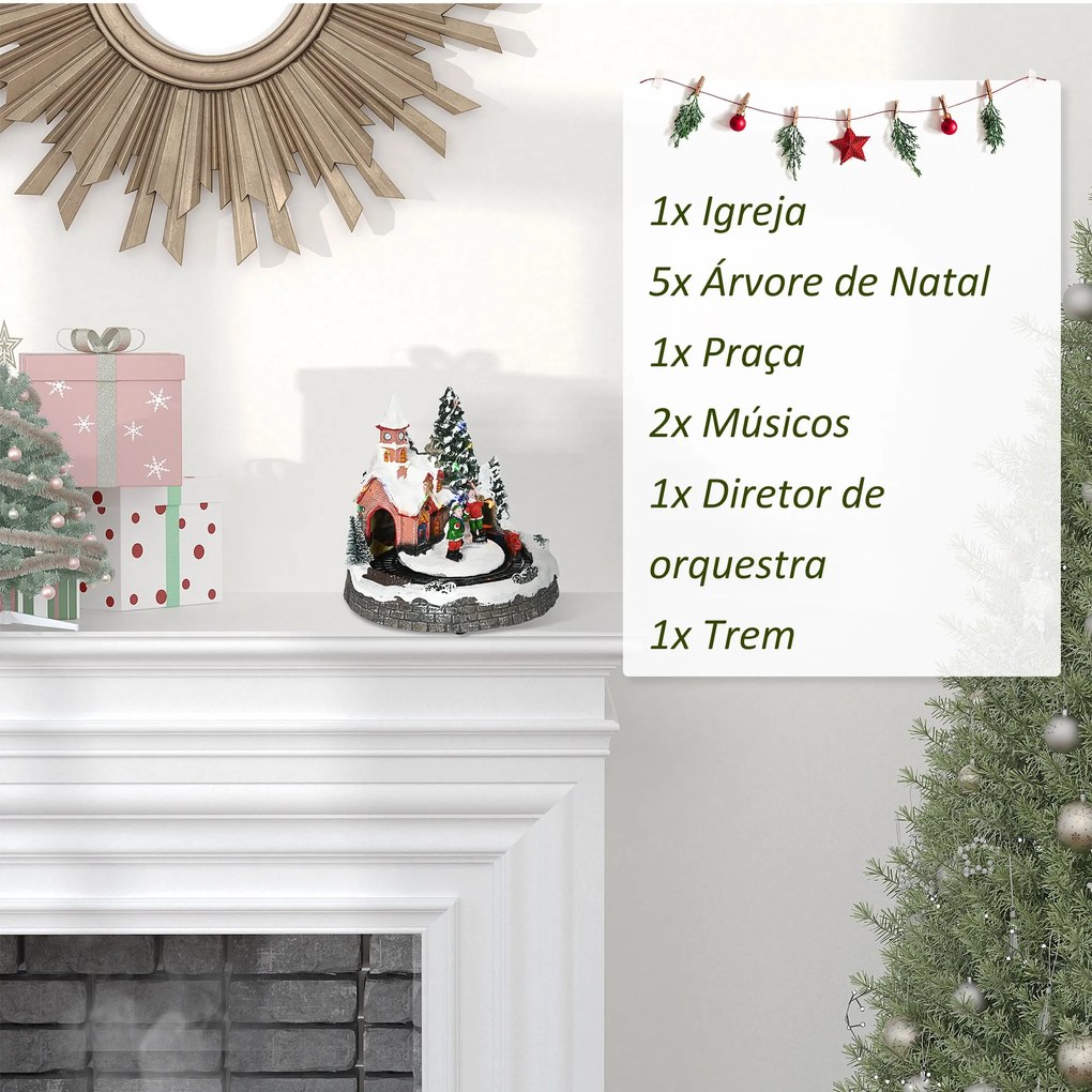 Cidade Natalina com Luzes LED Trem Giratório e Música Decoração de Natal 20x19,5x20cm Multicor