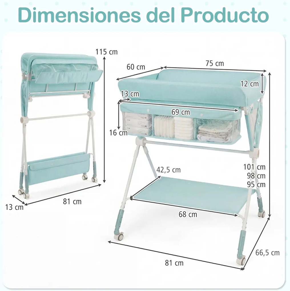Mesa Trocador fraldas para Bebés Portátil e Dobrável Altura Ajustável 3 Níveis Organizador Móvel com Cesto Prateleira Rodas e Travão turquesa