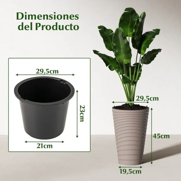 Conjunto de 2 vasos decorativos de 45 cm com cubo interior em plástico, orifícios de drenagem e 2 alças práticas com textura em espiral para jardim Ca