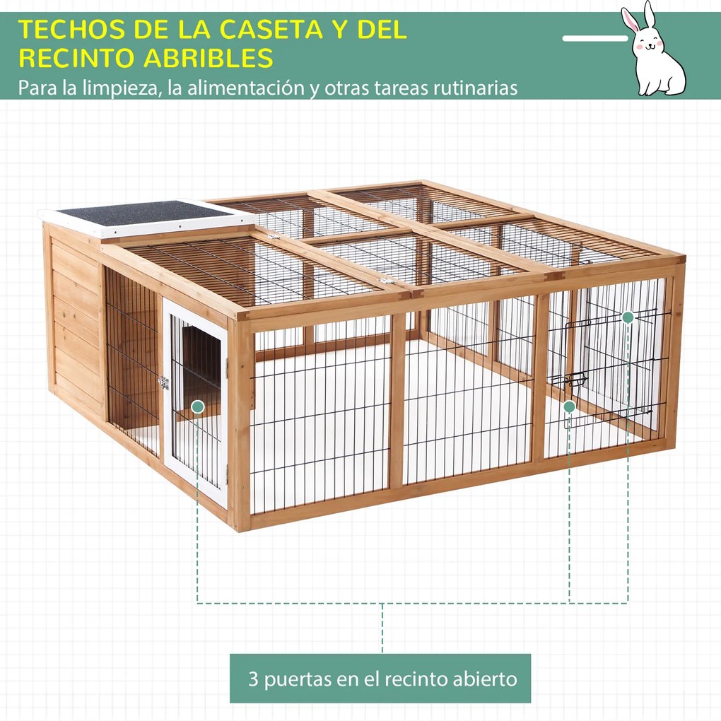 PawHut Coelheira de Exterior Gaiola para Coelhos Porquinho da India Animais Pequenos com 2 Portas Superiores e Teto Asfáltico Dobrável 123x120x52cm Madeira Natural