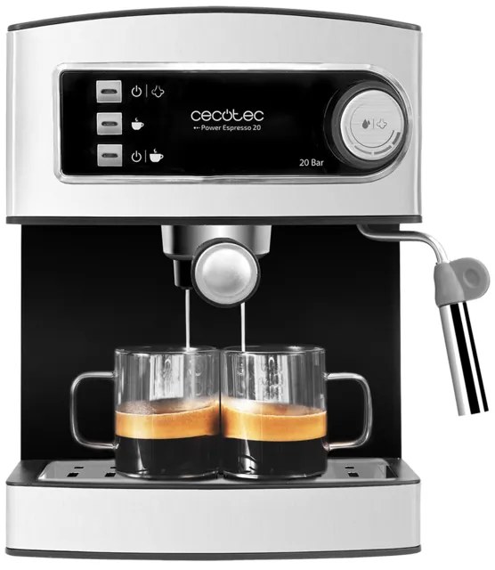 Máquina de café Cecotec expresso manual de 850 W, pressão de 20 bares, tanque de 1,5L, braço de saída duplo, vaporizador, superfície do aquecedor de x