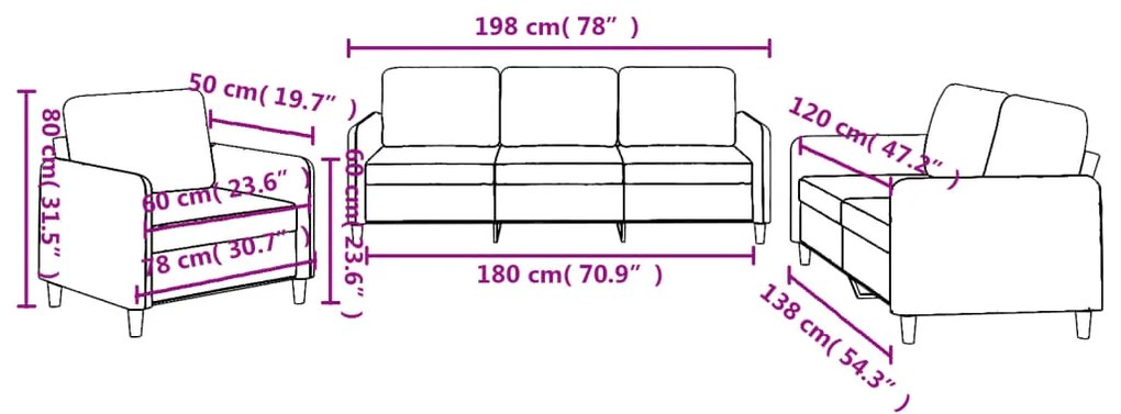 3 pcs conjunto de sofás com almofadões tecido castanho