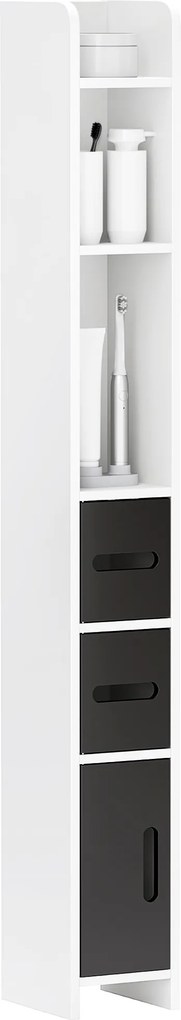 Coluna Casa de Banho com 3 Portas e 3 Prateleiras Abertas Coluna Auxiliar  Estilo Moderno 15x17x120 cm Branco e Preto