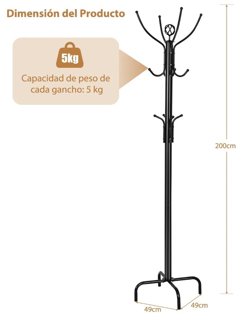 Cabide de pé formato árvore de metal com 12 ganchos de suspensão 49 x 49 x 200 cm preto