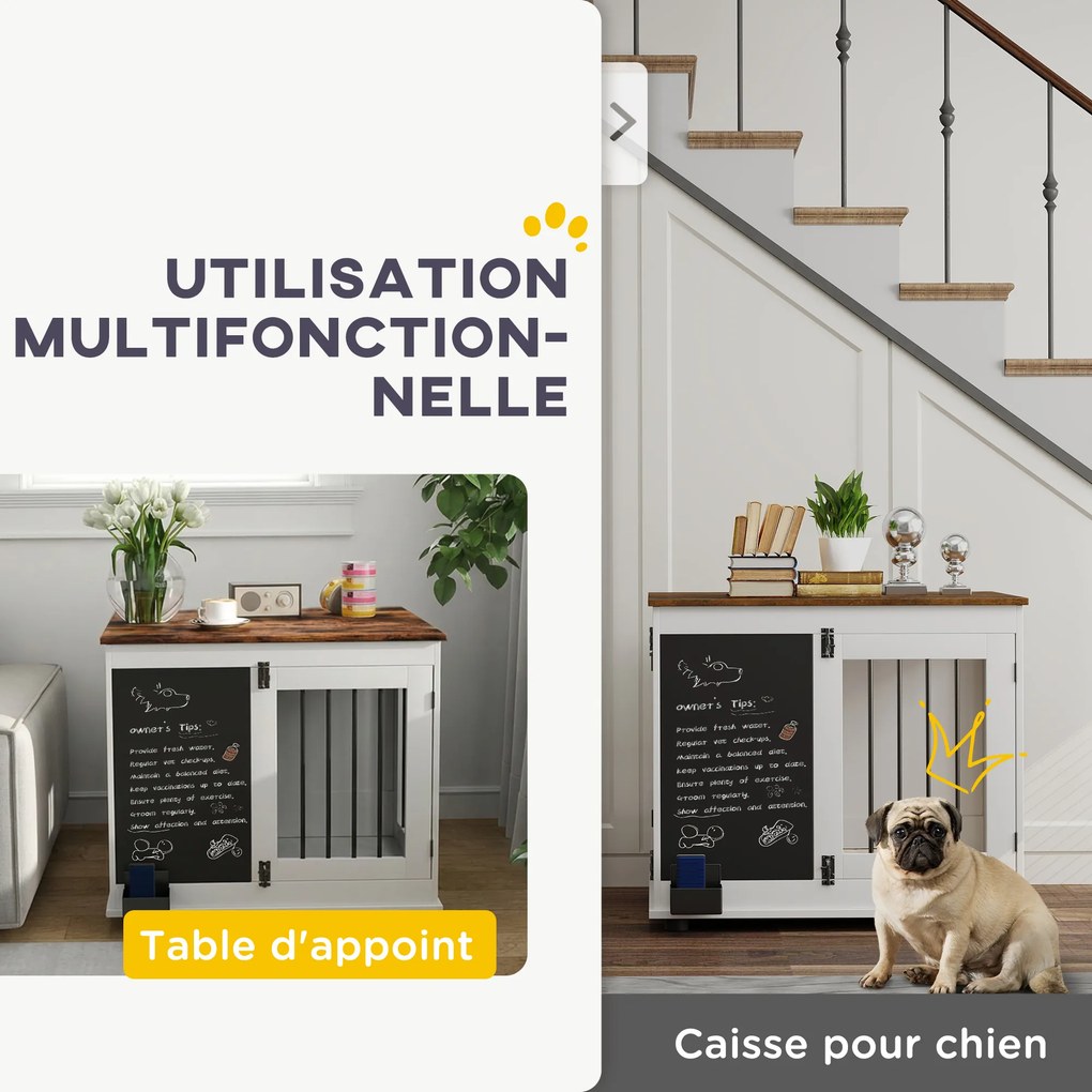 Gaiola para cães de interior 80 x 60 x 70 cm com 2 portas e quadro negro para cães de tamanho médio (até 20 kg) branca