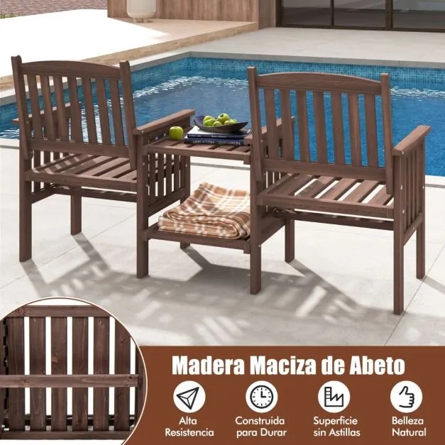 Banco de jardim com mesa com 2 níveis e orifício para guarda-sol em madeira de abeto natural castanho escuro