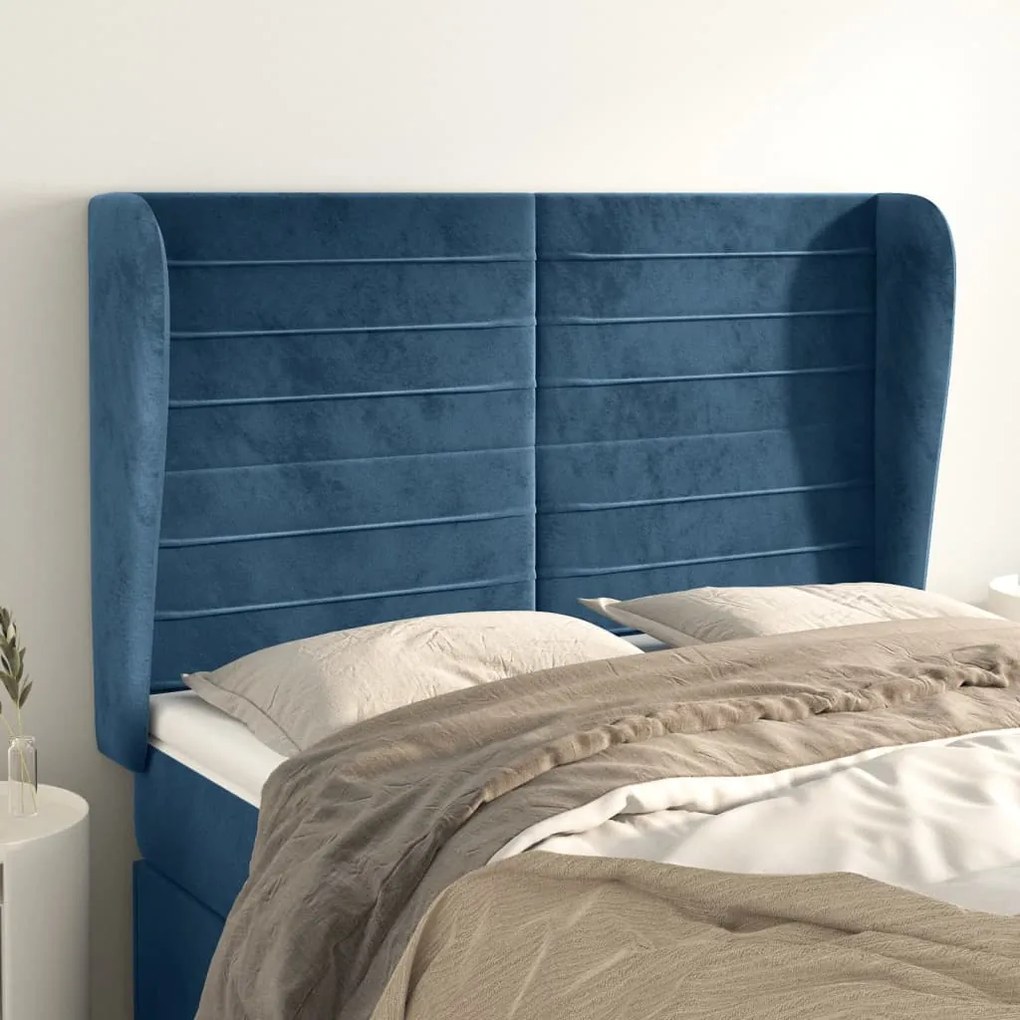 Cabeceira cama c/ abas veludo 147x23x118/128 cm azul-escuro