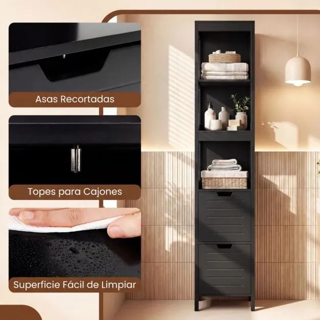 Armário para casa de banho 30,5 x 30,5 x 144 cm com 2 gavetas e 3 estantes Preto