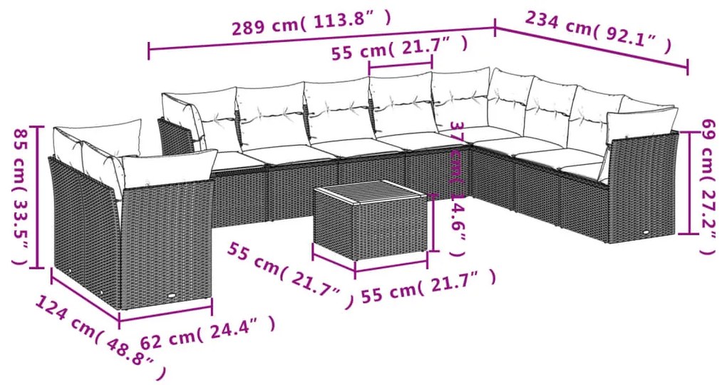 11 pcs conjunto sofás de jardim c/ almofadões vime PE cinzento