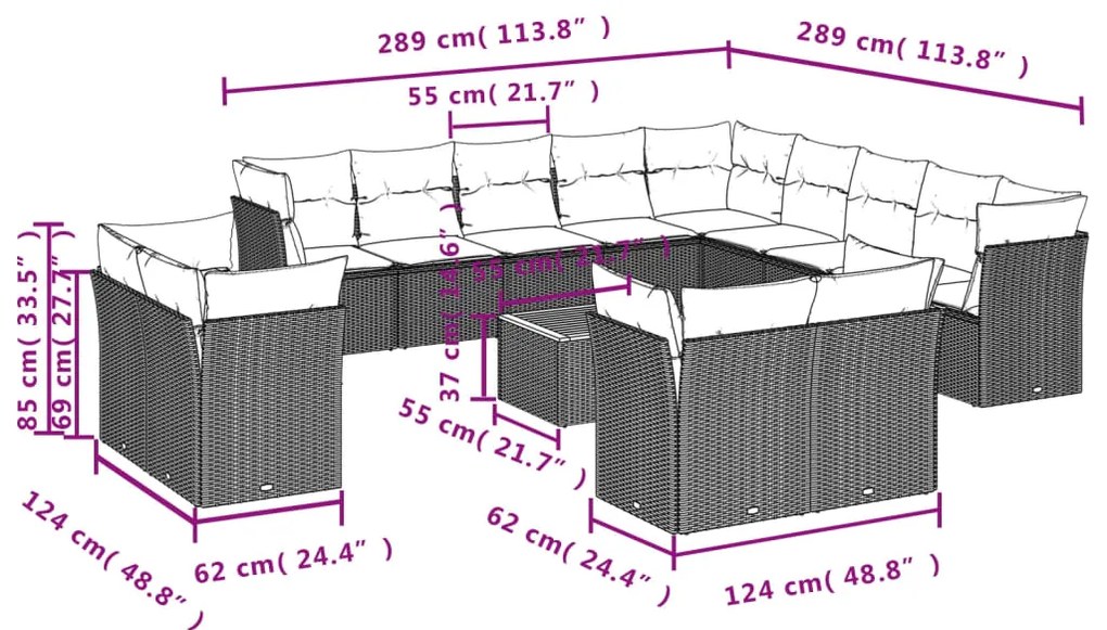 14 pcs conjunto sofás p/ jardim c/ almofadões vime PE cinzento