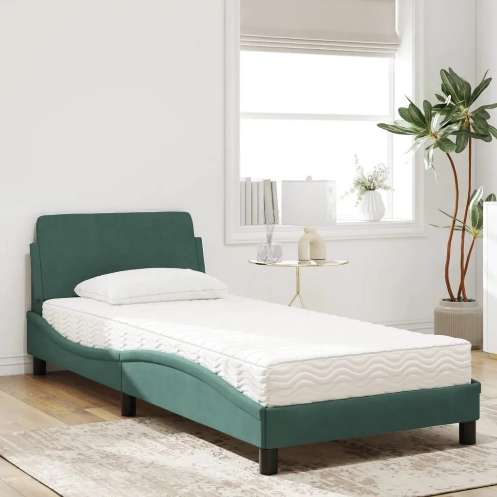 Cama com colchão 80x200 cm veludo verde-escuro
