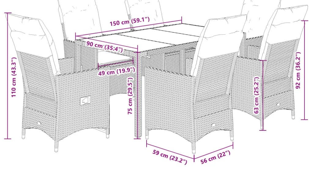 7 pcs conjunto de jantar p/ jardim com almofadões vime PE bege